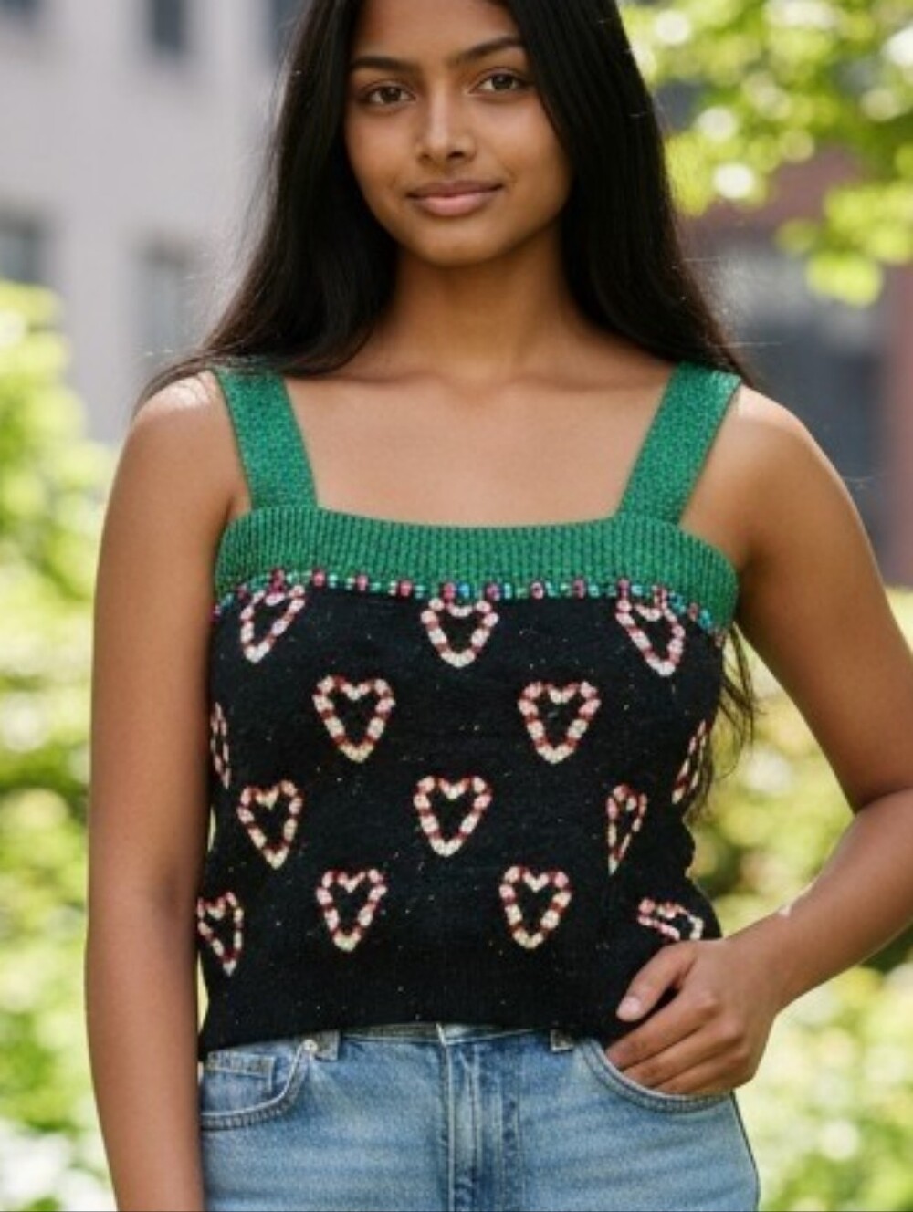 Green-Trim Heart Pattern Knit Tank Top Size Small